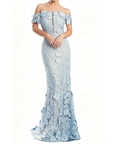 Off-shoulder maxi-jurk met kanten borduursel en fishtail