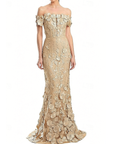 Off-shoulder maxi-jurk met kanten borduursel en fishtail