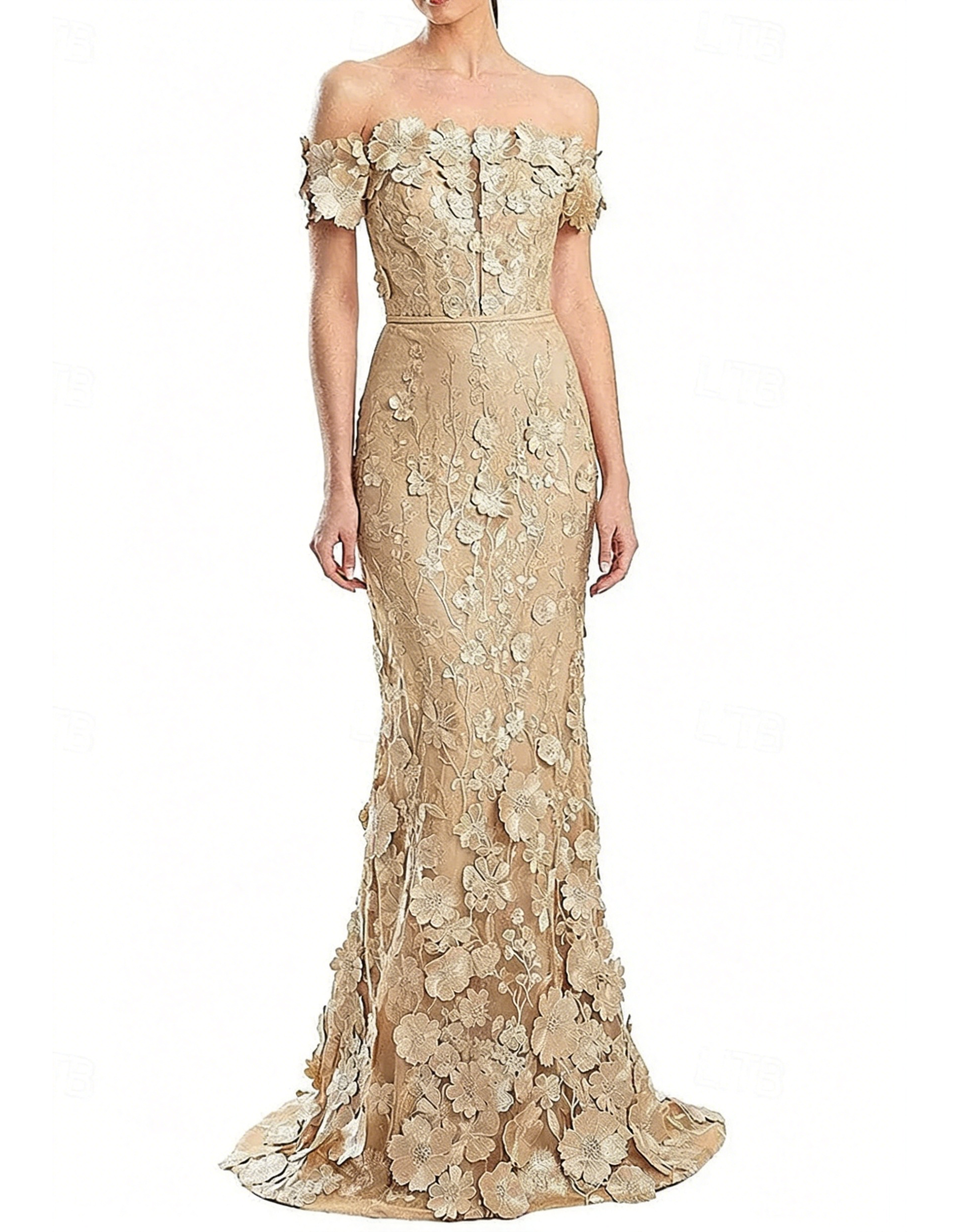 Off-shoulder maxi-jurk met kanten borduursel en fishtail