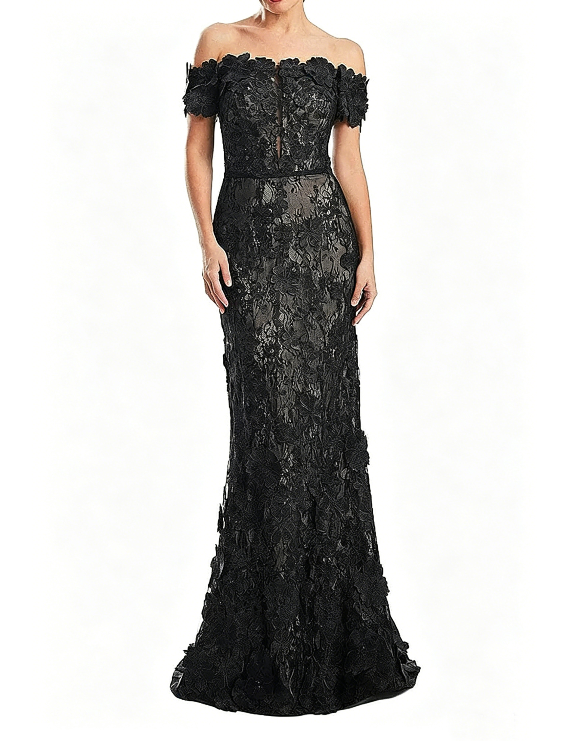 Off-shoulder maxi-jurk met kanten borduursel en fishtail