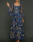 Chiffon maxi-jurk met kanten borduursel, vierkante hals en getailleerde taille