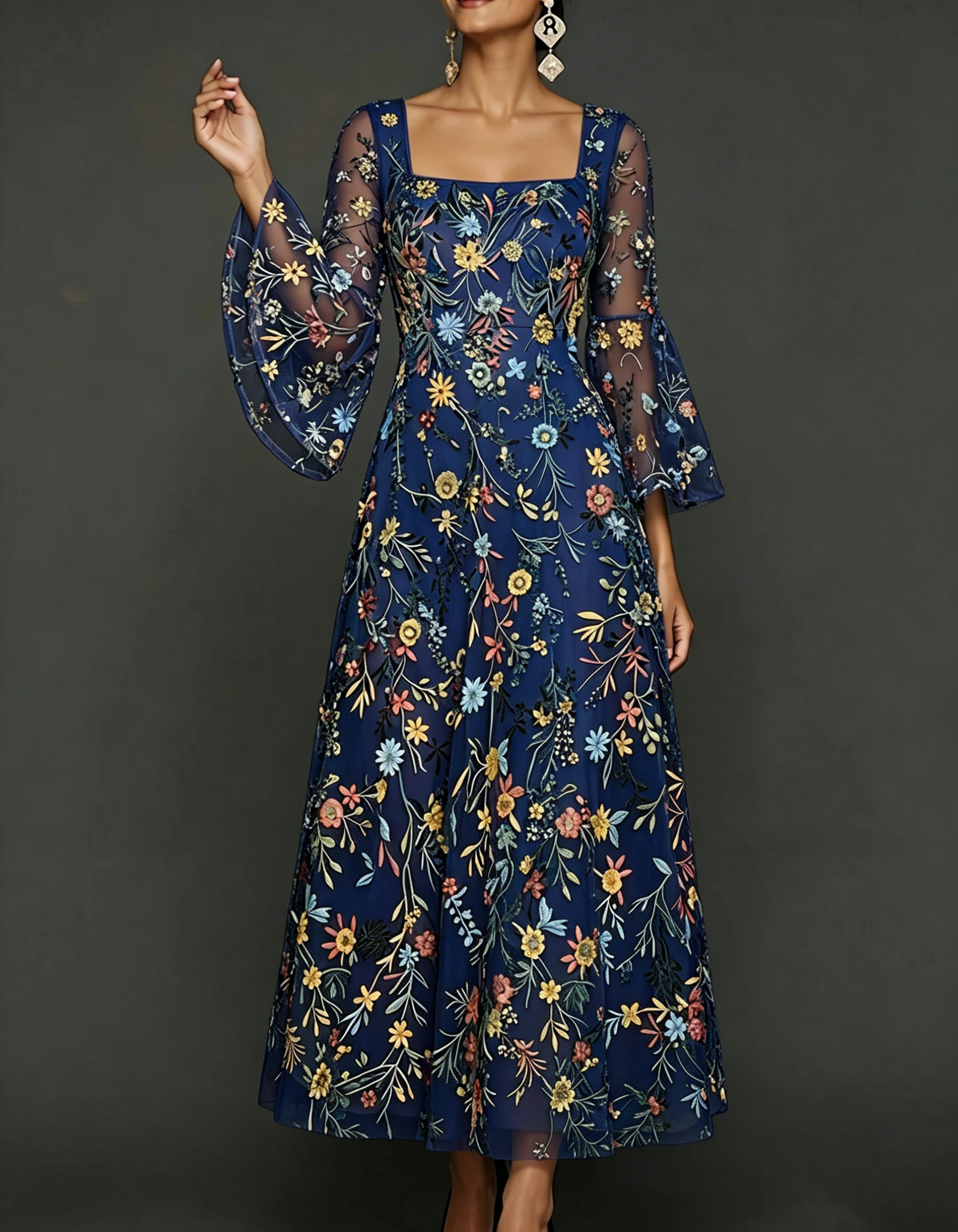 Chiffon maxi-jurk met kanten borduursel, vierkante hals en getailleerde taille