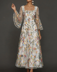 Chiffon maxi-jurk met kanten borduursel, vierkante hals en getailleerde taille