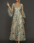 Chiffon maxi-jurk met kanten borduursel, vierkante hals en getailleerde taille