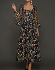 Chiffon maxi-jurk met kanten borduursel, vierkante hals en getailleerde taille