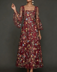 Chiffon maxi-jurk met kanten borduursel, vierkante hals en getailleerde taille