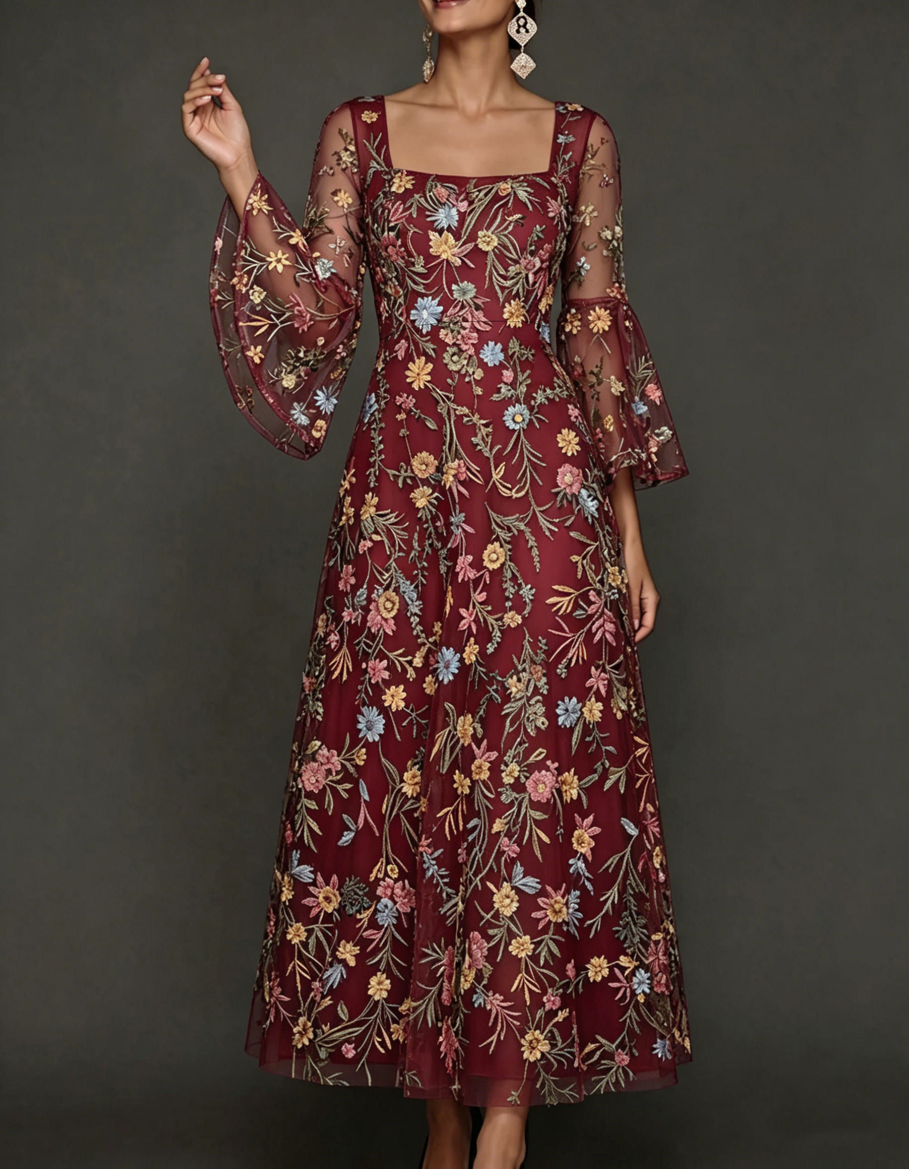 Chiffon maxi-jurk met kanten borduursel, vierkante hals en getailleerde taille