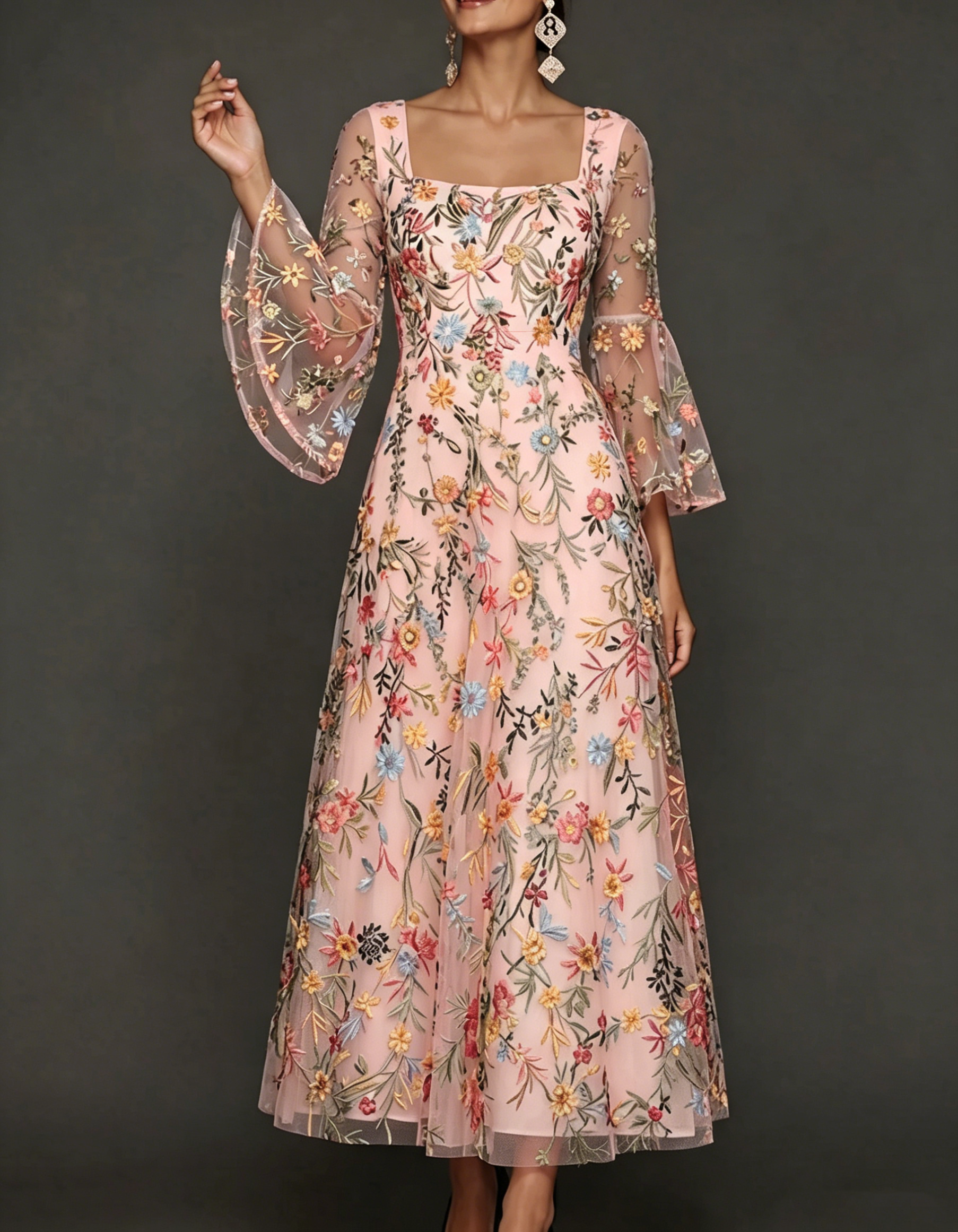 Chiffon maxi-jurk met kanten borduursel, vierkante hals en getailleerde taille