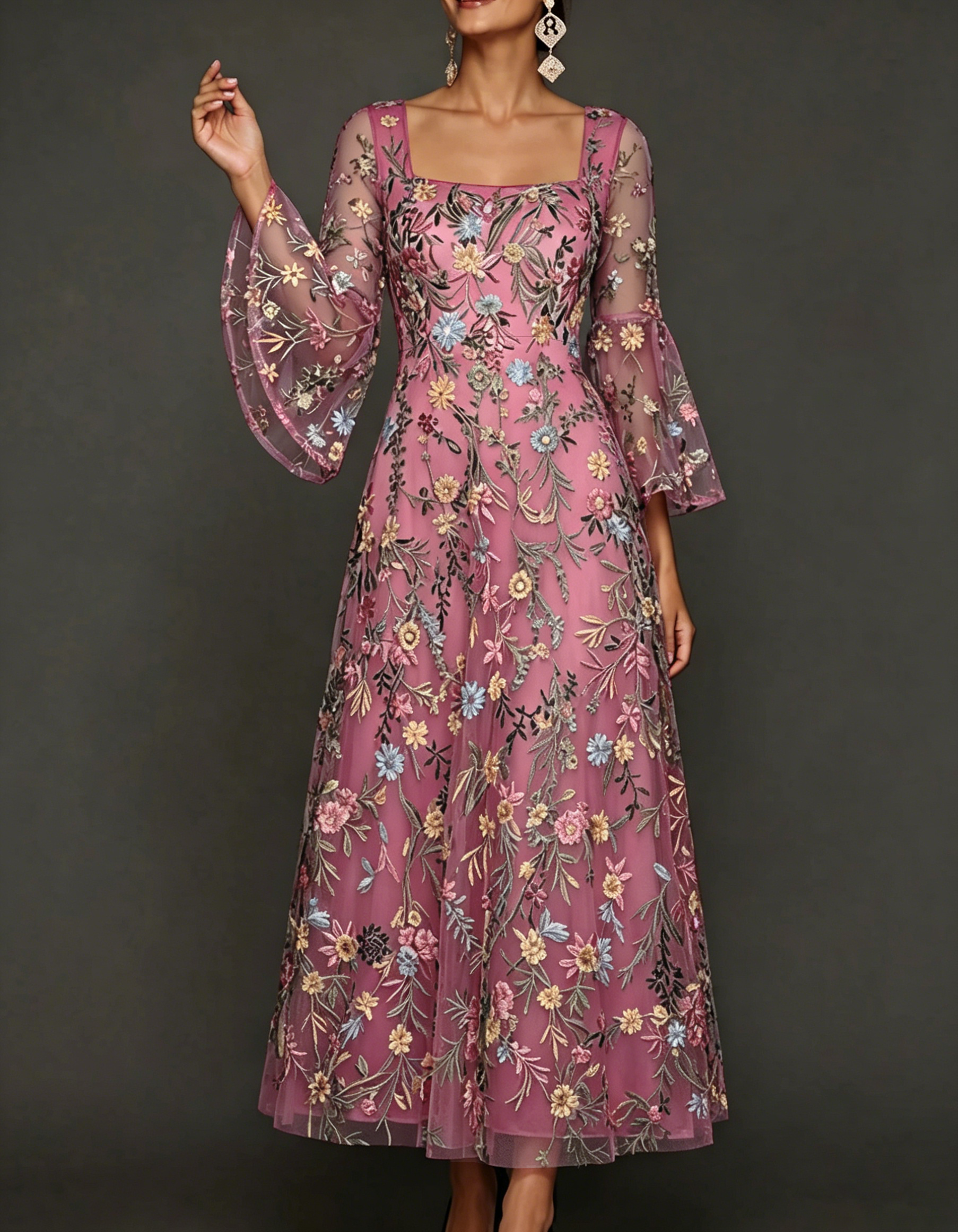 Chiffon maxi-jurk met kanten borduursel, vierkante hals en getailleerde taille