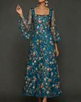 Chiffon maxi-jurk met kanten borduursel, vierkante hals en getailleerde taille