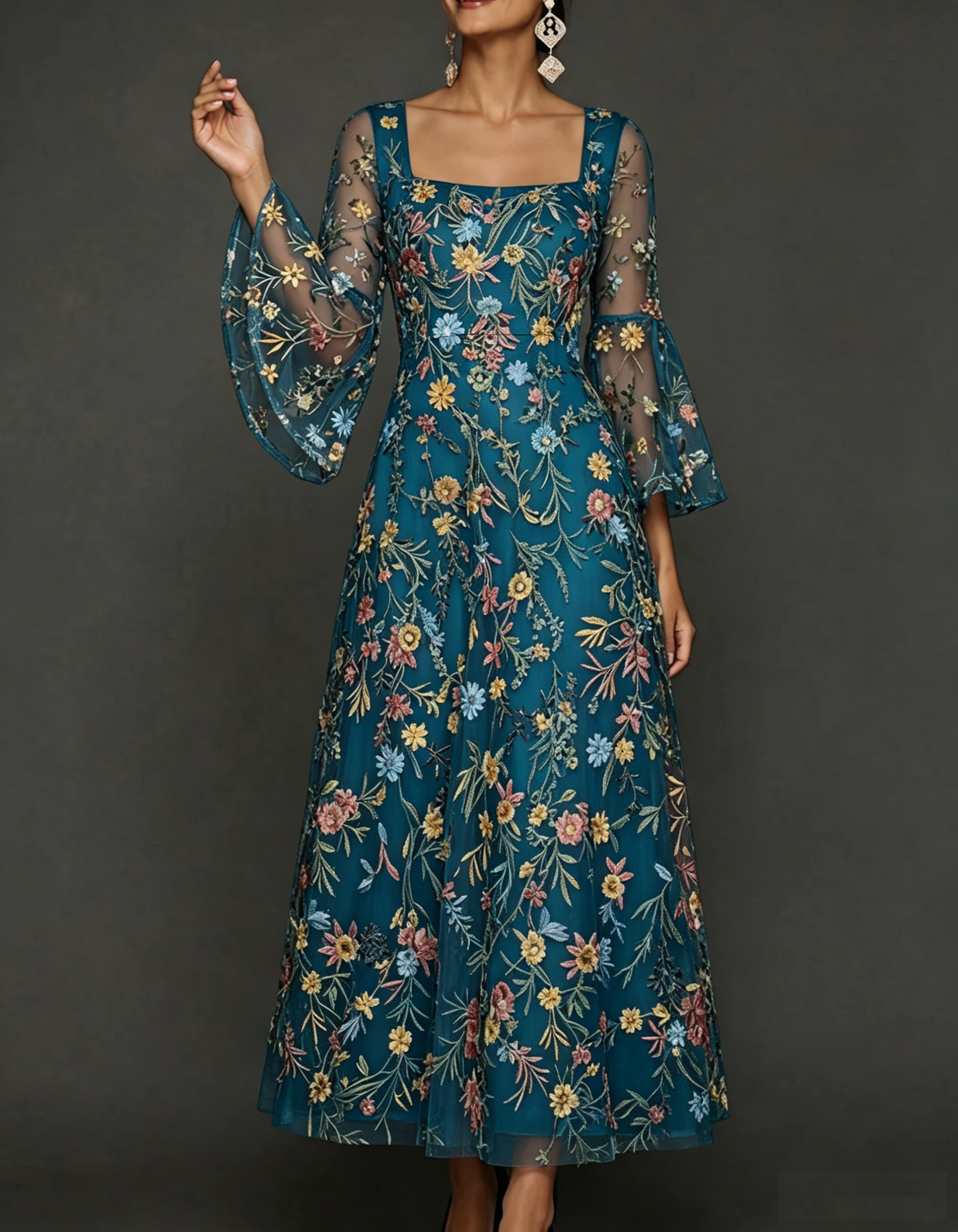 Chiffon maxi-jurk met kanten borduursel, vierkante hals en getailleerde taille