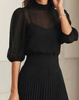 Zwart Chiffon Top En Plissé Midi Rok Drie Delige Set