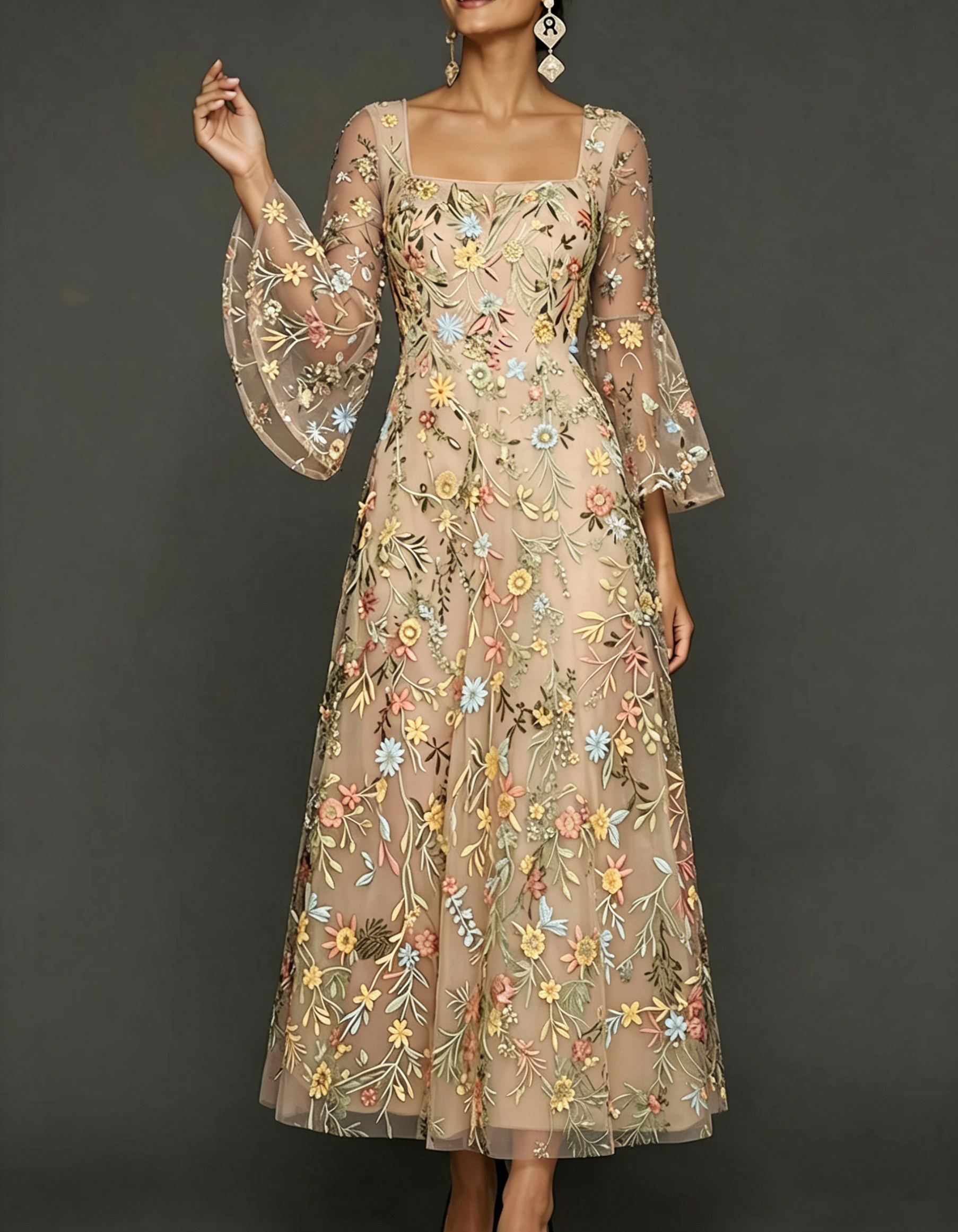 Chiffon maxi-jurk met kanten borduursel, vierkante hals en getailleerde taille