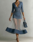Blauwe Denim Mesh Paneel Aansluitende Midi Jurk