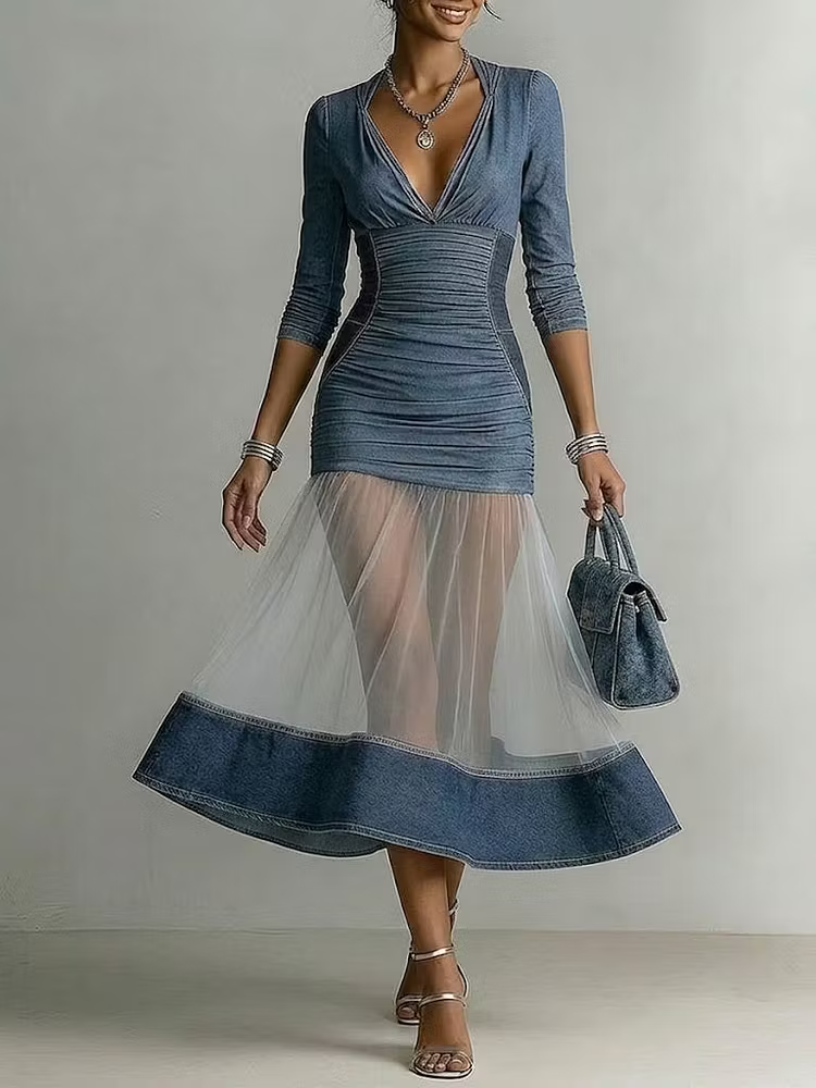 Blauwe Denim Mesh Paneel Aansluitende Midi Jurk
