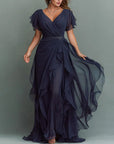 Maxi-jurk van chiffon met V-hals, effen kleur en ruches