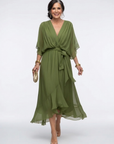 Elysia | Midi jurk met draping, V-hals en tailleband