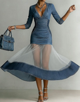 Blauwe Denim Mesh Paneel Aansluitende Midi Jurk