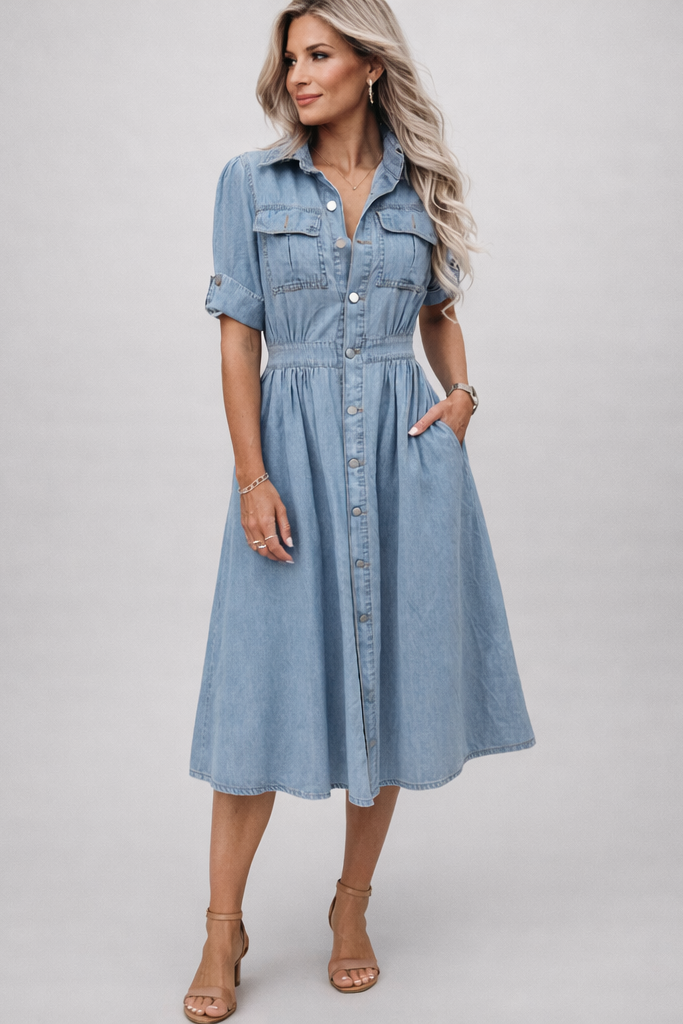 Tiffany - Denim Jurk met Knoopsluiting en Zakken