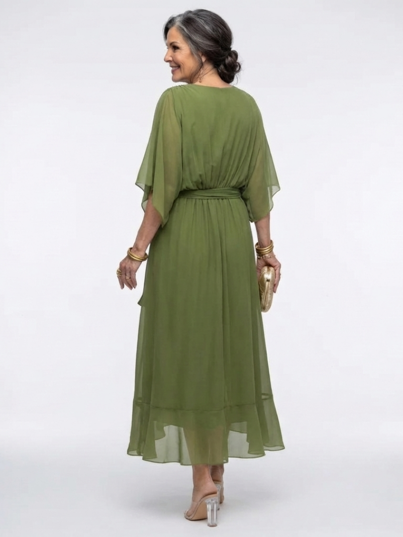 Elysia | Midi jurk met draping, V-hals en tailleband