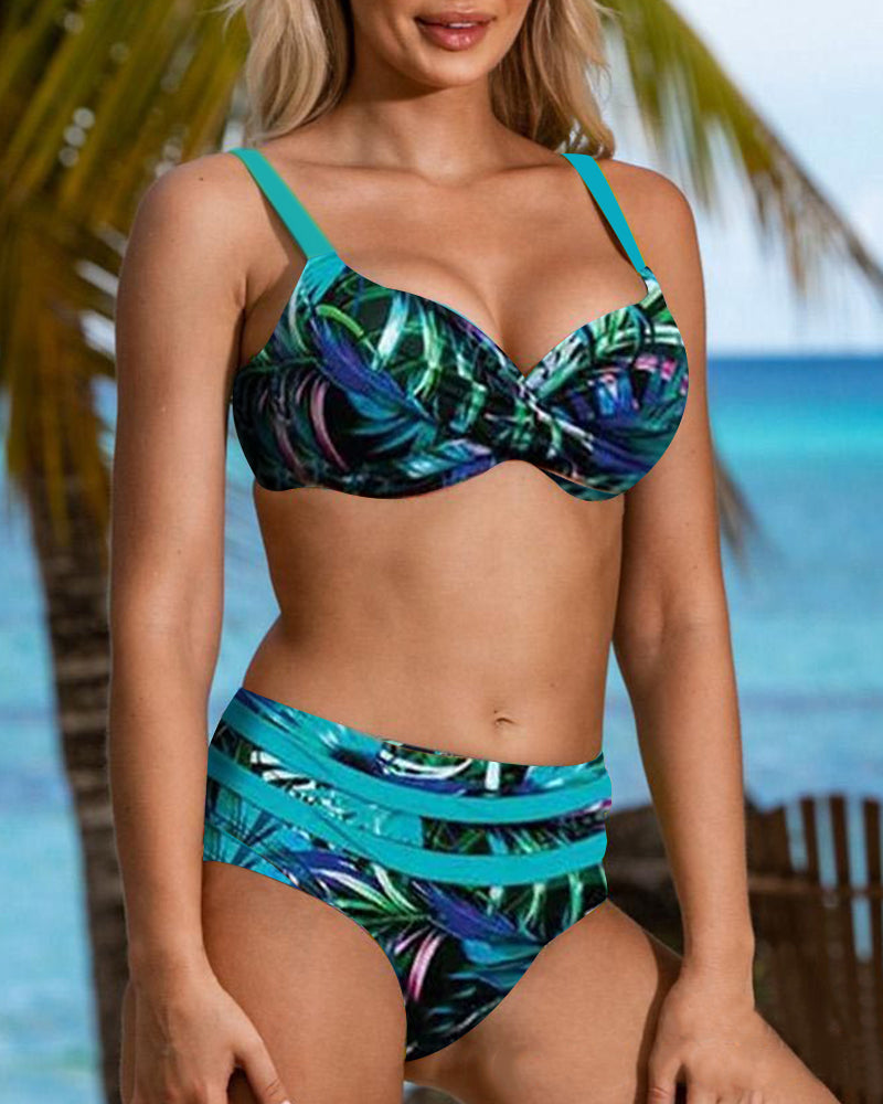 Margarida - Hoge taille bikini met bladerenpatroon