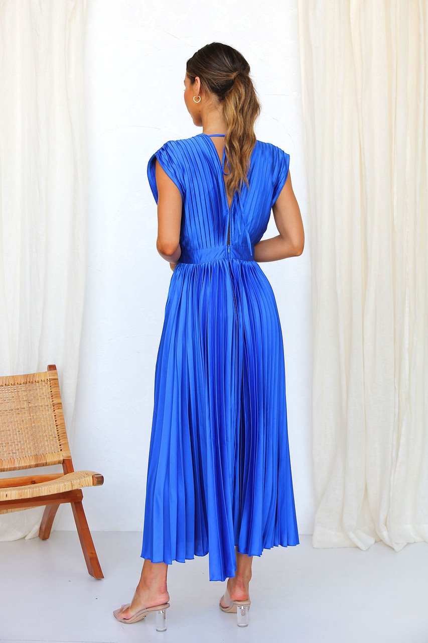 Elegante Satijnen Geplooide V-hals Vloeiende Midi Jurk