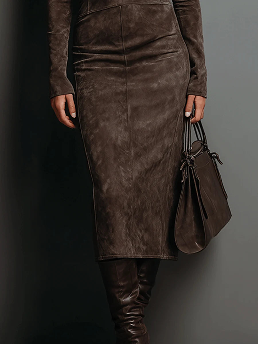 Lory - Lange maxi jurk in bruin