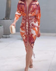 Unieke Print Dolman Lange Mouwen Rimpel Split Midi Jurk