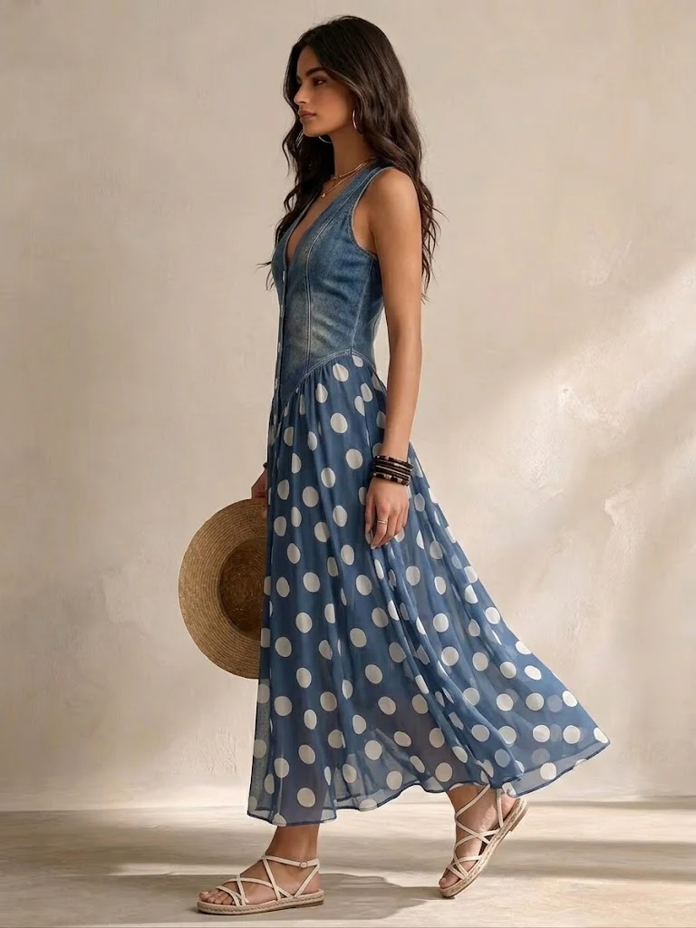 Kristin - Elegante Spijkerjurk met Stippen