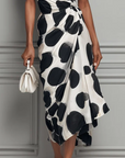 Zwarte Vlek Print V-Hals Midi Jurk met Gecinchde Taille