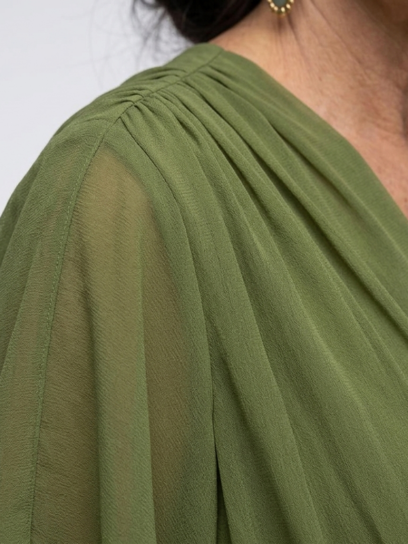 Elysia | Midi jurk met draping, V-hals en tailleband