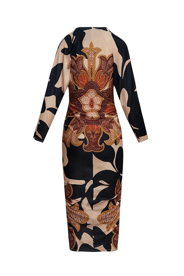 Unieke Print Dolman Lange Mouwen Rimpel Split Midi Jurk