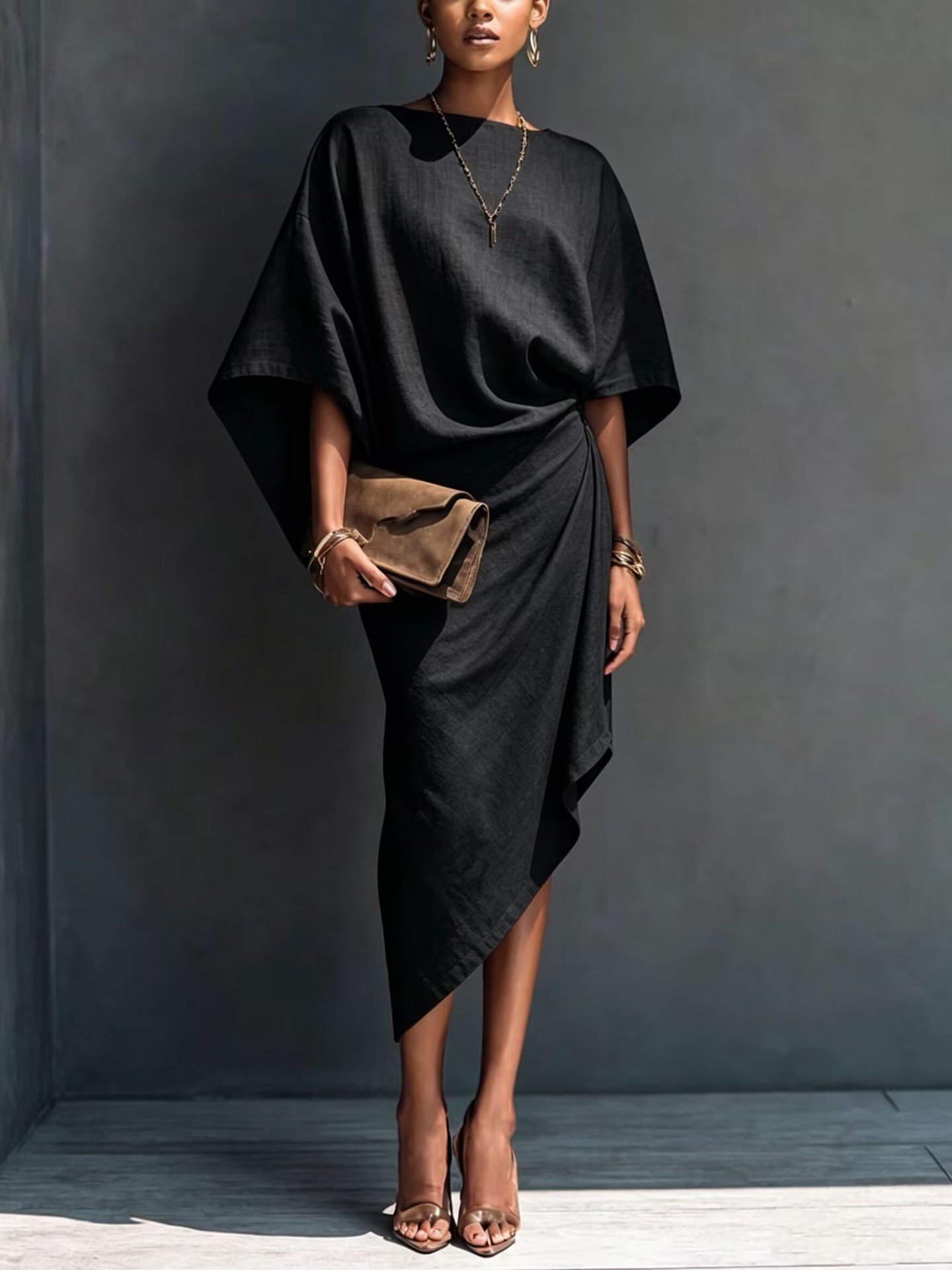Khaki Draped Asymmetrische Midi-jurk met Korte Mouwen