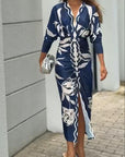 Unieke Print Dolman Lange Mouwen Rimpel Split Midi Jurk