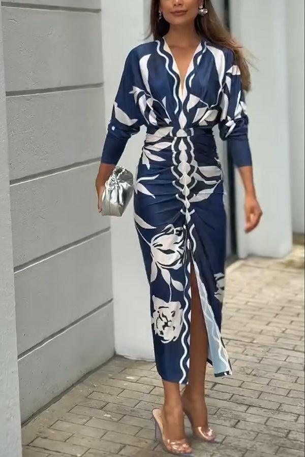 Unieke Print Dolman Lange Mouwen Rimpel Split Midi Jurk