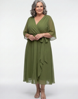 Elysia | Midi jurk met draping, V-hals en tailleband