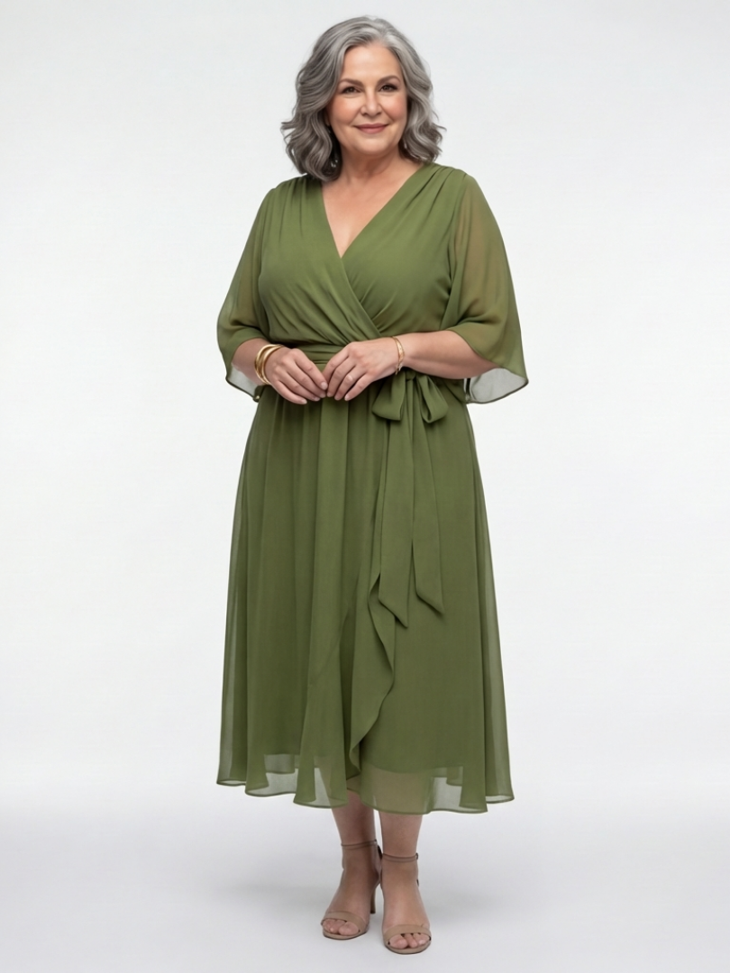 Elysia | Midi jurk met draping, V-hals en tailleband