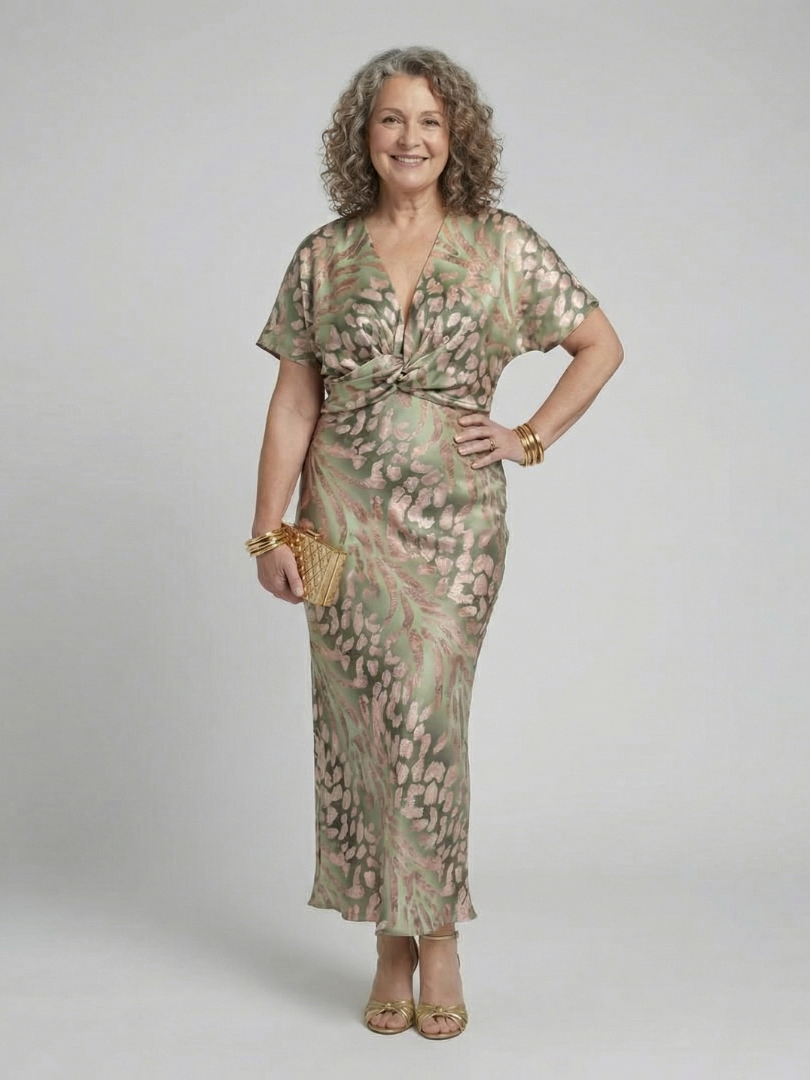 Coralie | Abstracte print Midi-jurk met V-hals en getailleerde taille