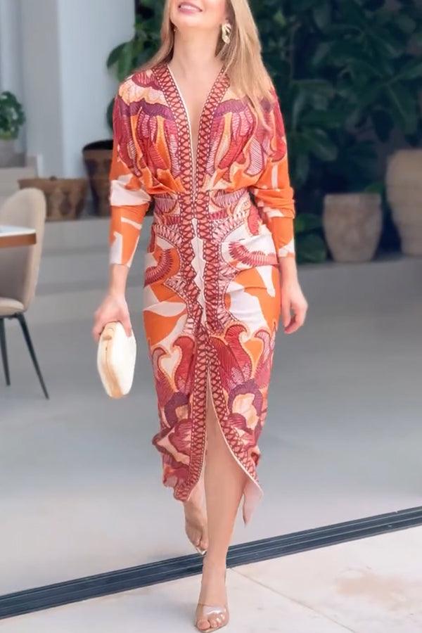 Unieke Print Dolman Lange Mouwen Rimpel Split Midi Jurk