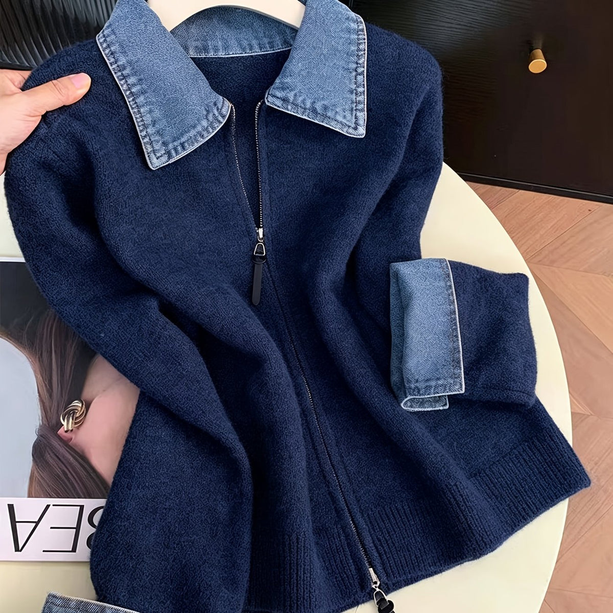 Hella | Gebreid Vest met Denim Kraag &amp; Rits