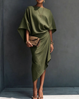Khaki Draped Asymmetrische Midi-jurk met Korte Mouwen