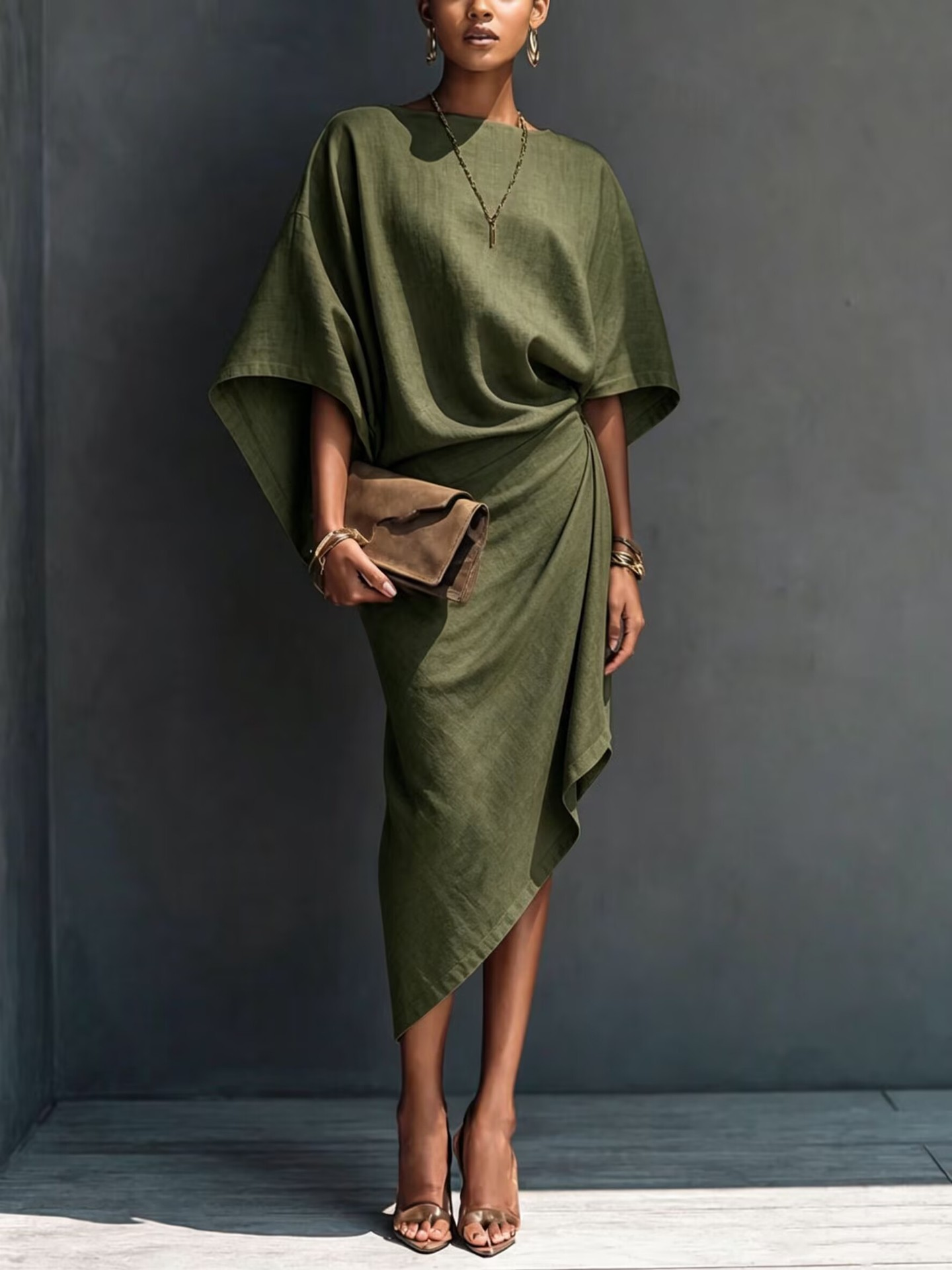 Khaki Draped Asymmetrische Midi-jurk met Korte Mouwen