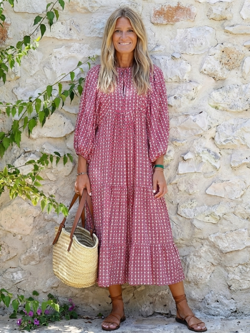 Arlette | Midi-jurk met geometrische print en lange mouwen