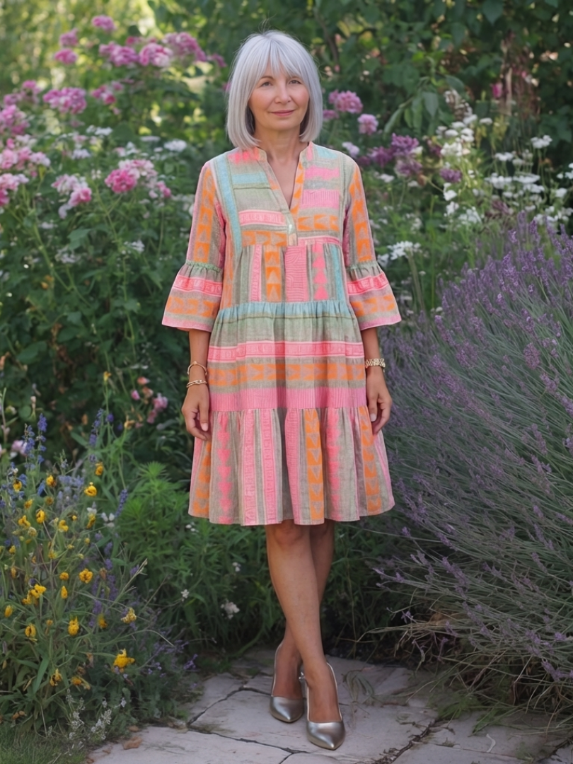 Maelle | Jurk met V-hals en geometrische print, knielengte