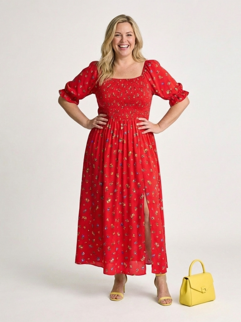 Delphine | Midi-jurk met vierkante halslijn en bloemenpatroon