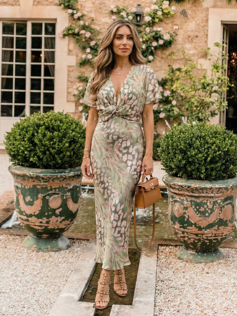 Coralie | Abstracte print Midi-jurk met V-hals en getailleerde taille