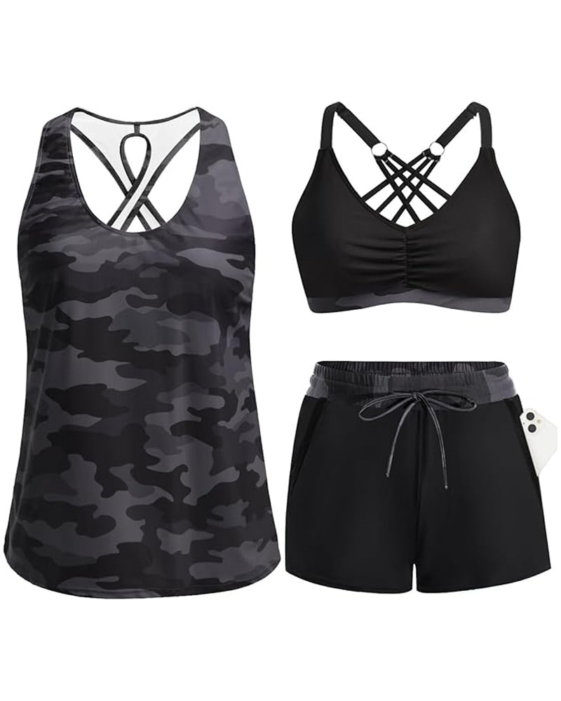 Bedekking En Bikini Crisscross Mouwloos Topje + Koorddruk Geprinte Broek Voor