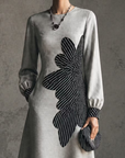 Grijze Geprinte Lange Mouw Casual Midi Jurk