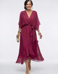 Elysia | Midi jurk met draping, V-hals en tailleband