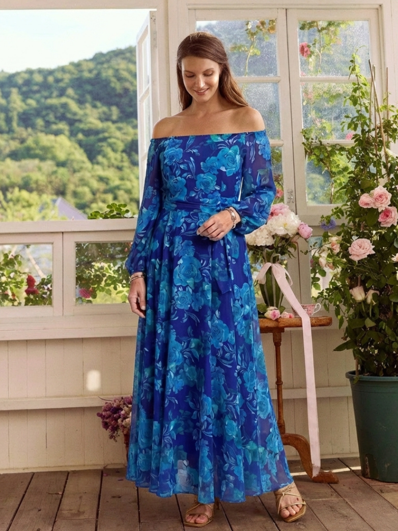 Aspen | Maxi Jurk met Ontblote Schouders en Bloemen